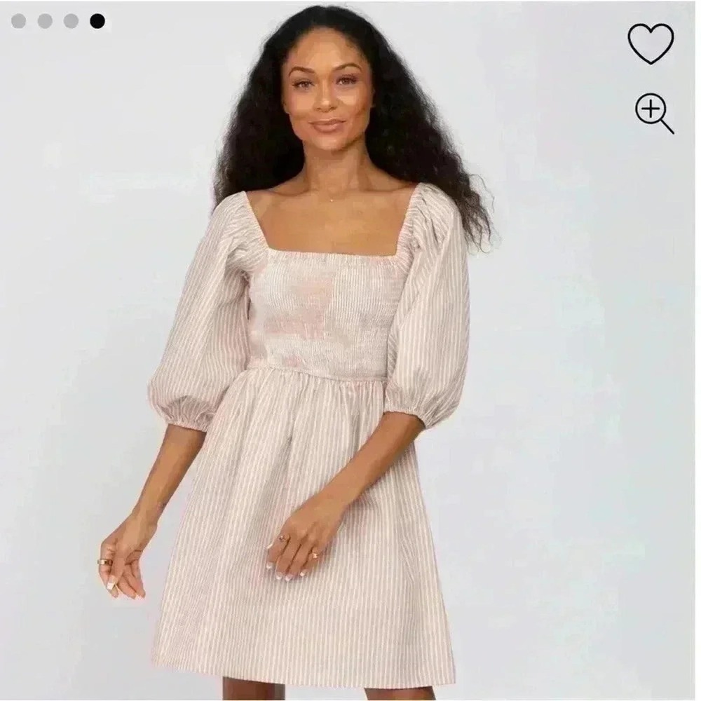 BIBI | Woman's NWT Taupe Tan White Striped Smocked Puff‎ Sleeve Dress, Size XL